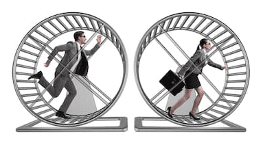 picture of man and woman running on a gigantic hamster wheel